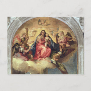 Cartão Postal Virgem e Criança com músicos de anjo