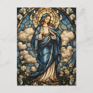 Cartão Postal Virgem Elegante Maria Arte de Vidro Contida