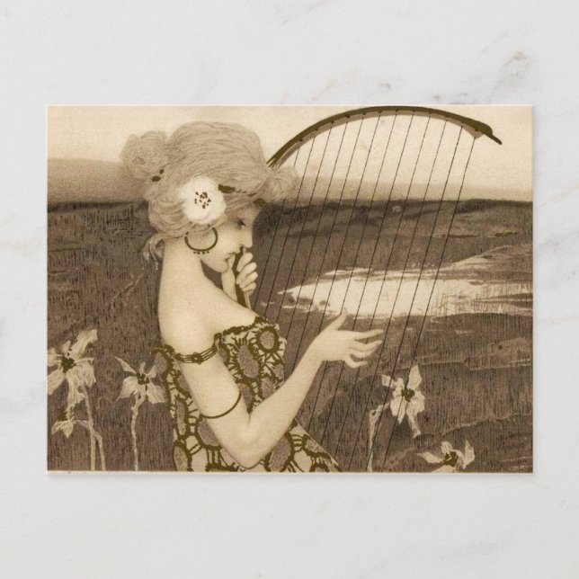 Cartão Postal Virgem Grega Vintage com Cartaz Harp (Frente)