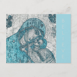 Cartão Postal Virgem Maria e Cristo Jesus Criança Vintage Azul