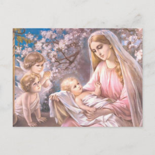 Cartão Postal Virgem Maria e Jesus Bebê com anjos rezando