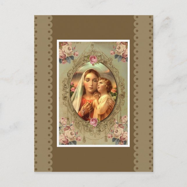 Cartão Postal Virgem Maria Madonna Child Jesus Rosas Rosários (Frente)