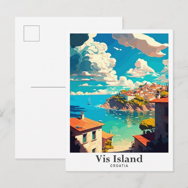 Cartão Postal Vis Island Viagem Vintage Illustração (Frente/Verso)