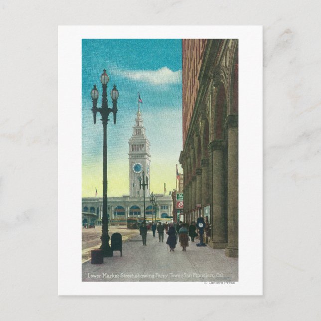 Cartão Postal Visão da Rua inferior do mercado mostrando a torre (Frente)