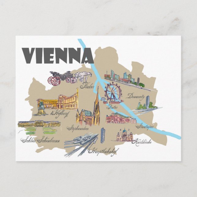 Cartão Postal Visão Geral do Mapa da Áustria em Viena (Frente)