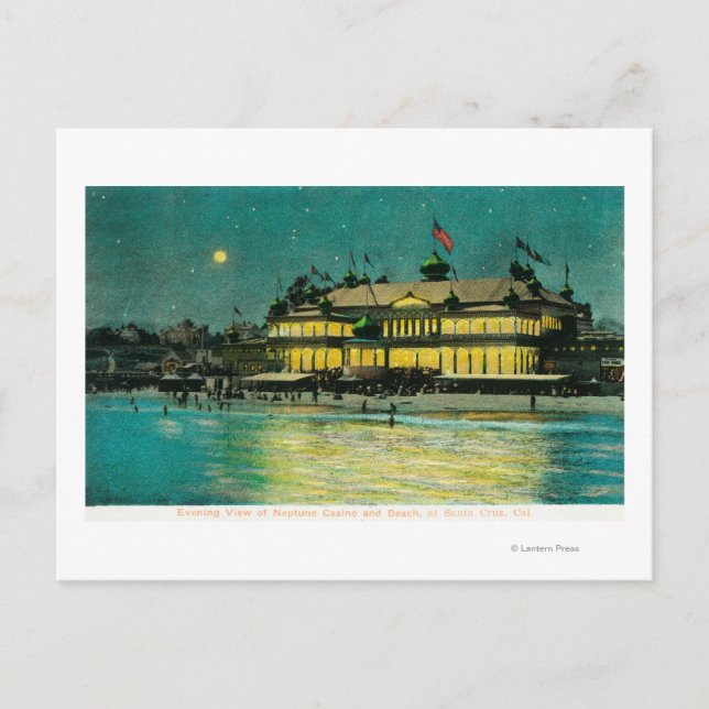 Cartão Postal Visão Noturna Exterior do Casino Netuno e (Frente)