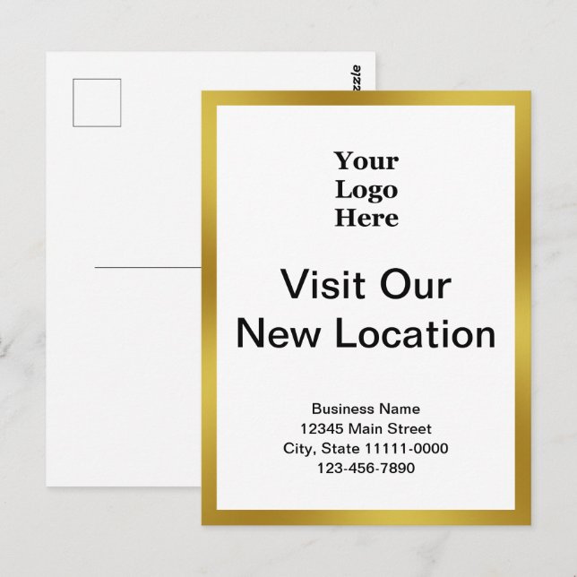 Cartão Postal Visit Our New Location Gold White Business Logo (Frente/Verso)