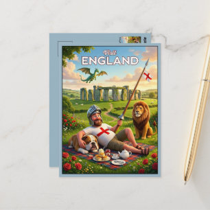 Cartão Postal Visita Excêntrica à Inglaterra Dragão e Leão