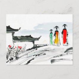 Cartão Postal Visitantes no Pátio de um Templo na China