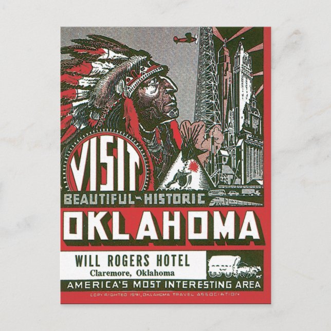 Cartão Postal Visite Oklahoma Viagens vintage (Frente)