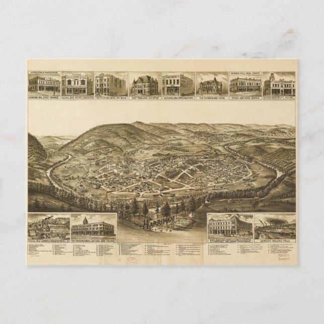 Cartão Postal Vista aérea de Harriman, Tennessee (1892) (Frente)
