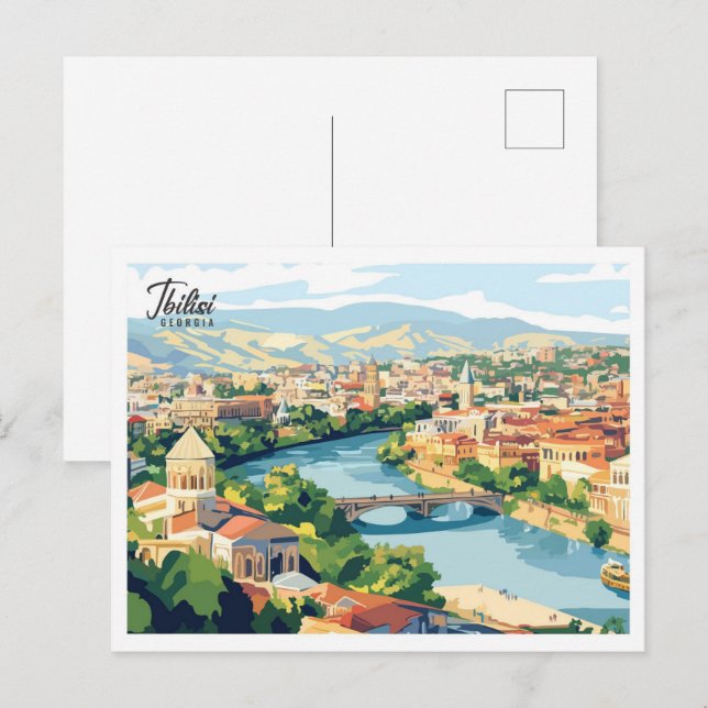 Cartão Postal Vista aérea Tbilisi Georgia Illustração Viagem (Frente/Verso)