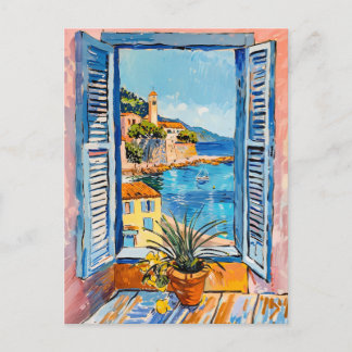 Cartão Postal Vista Costeira Mediterrânea Através de Janela Aber