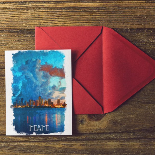 Cartão Postal Vista de paisagem urbana de cores aquáticas de Mia (miami florida watewrcolor cityscape postcard)