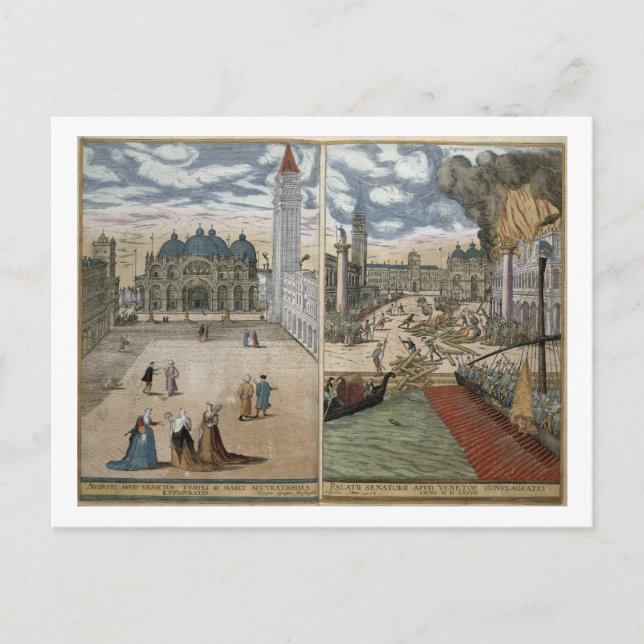 Cartão Postal Vista de San Marco, e o Palazzo Ducale em chamas, (Frente)