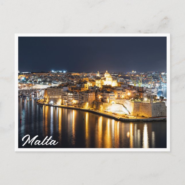 Cartão Postal Vista de três cidades em Malta à noite (Frente)