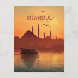 Cartão Postal Vista do Pôr do Sol Retrô Istambul Turquia Viagem