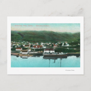 Cartão Postal Vista frontal da cidade e do Navio a vapor