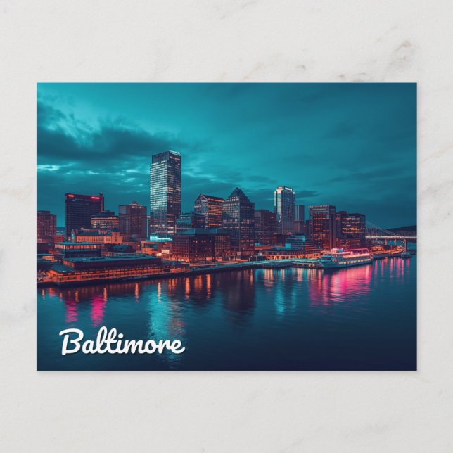 Cartão Postal Vista Noturna do Porto Interno de Baltimore (Frente)