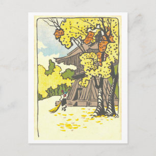 Cartão Postal Vista Outonal Antiga do Jardim de um Templo Japonê