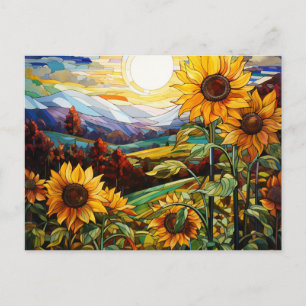 Cartão Postal Vitraux Girassóis Montanhas Pôr do Sol