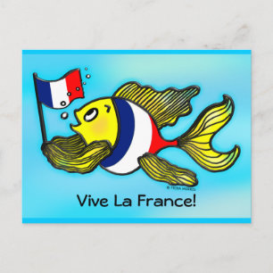 Cartão Postal VIVE LA FRANCE Bandeira francesa Fish desenho engr