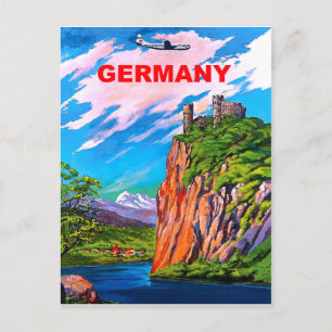 Cartão Postal Voando para a Alemanha, Castelo no Rio Reno, safra