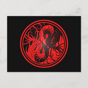 Cartão Postal Voando Yin Yang Dragon - vermelho e preto