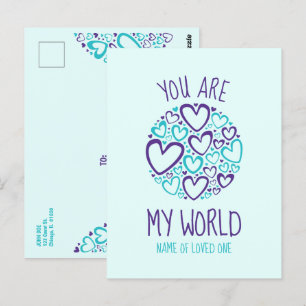 Cartão Postal Você É Meu Mundo Corações Azuis e Roxos para o Ser