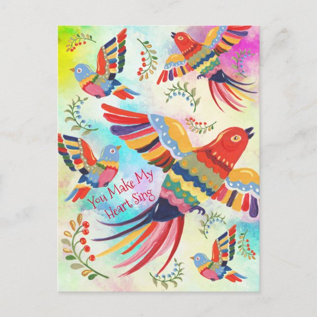 Cartão Postal Você Faz Meu Coração Cantar Arte Folclórica Pássar (Frente)