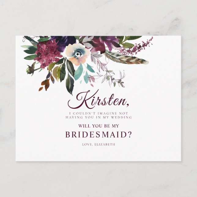 Cartão Postal Você Será Minha Bridesmaid Burgundy Floral? (Frente)