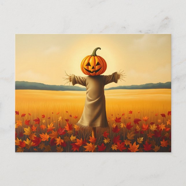Cartão Postal Vogelscheuche mit Kürbiskopf im Herbst Laub (Frente)