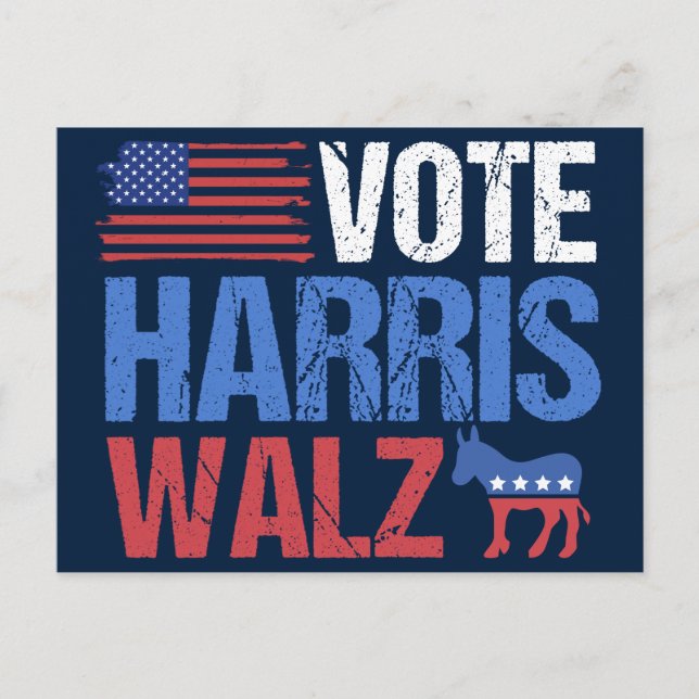 Cartão Postal Vote Harris Walz Democrata Donkey American Flag (Frente)