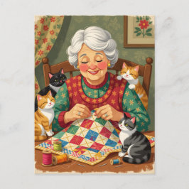 Cartão Postal Vovó Aconchegante Fazendo Colchas com Gatos
