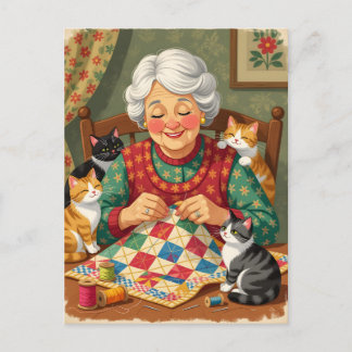 Cartão Postal Vovó Aconchegante Fazendo Colchas com Gatos