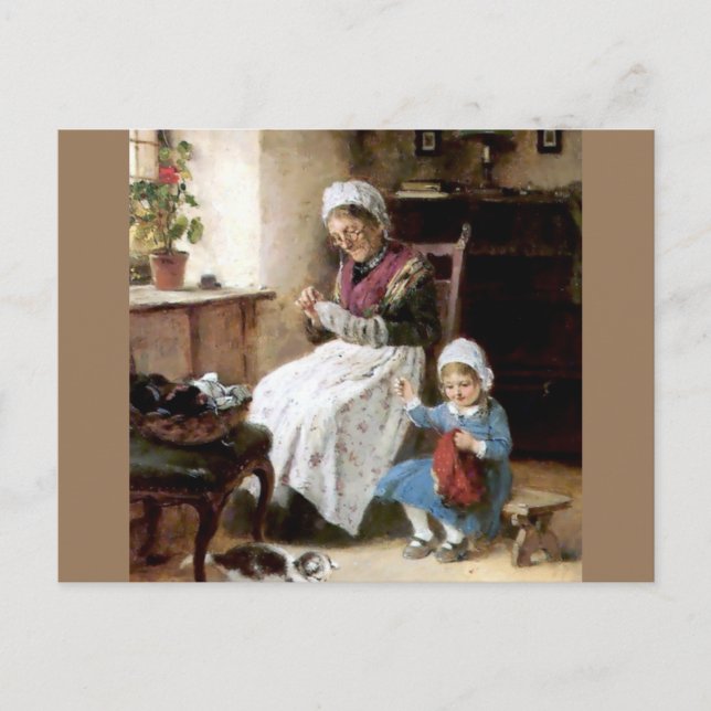 Cartão Postal Vovó e neta costurando (Frente)