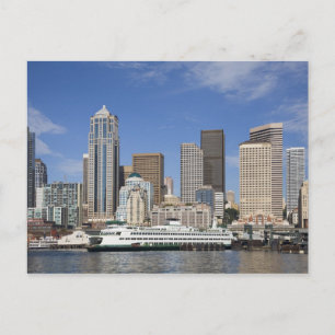 Cartão Postal WA, Seattle, panorama de Seattle com balsa