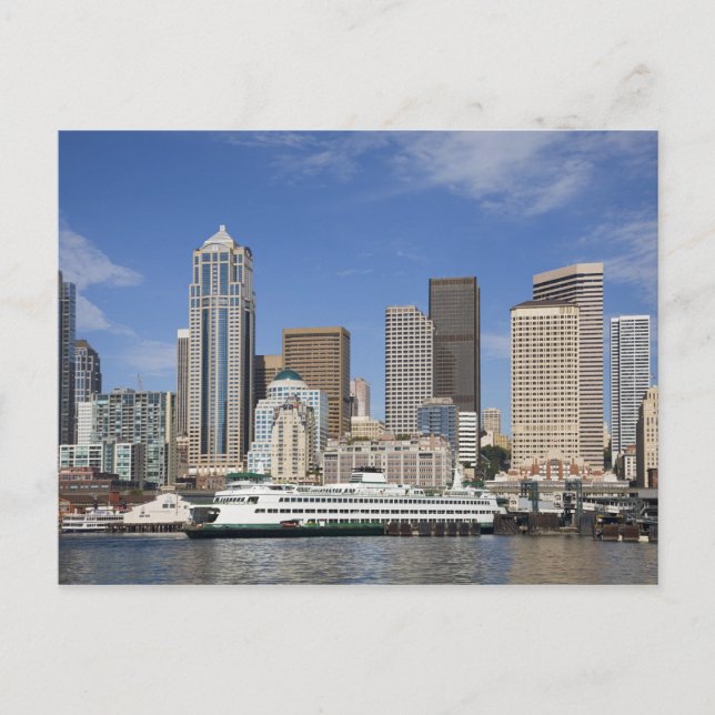 Cartão Postal WA, Seattle, panorama de Seattle com balsa (Frente)