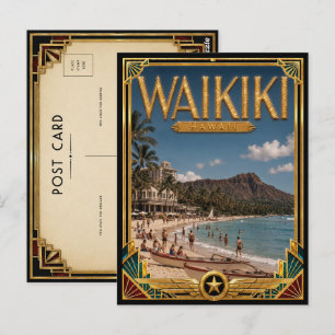 Cartão Postal Waikiki Havaí Arte Deco Vintage Idade Dourada