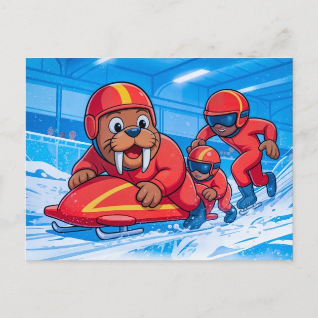 Cartão Postal Walrus Starting a Bobsleigh Run on a Snowy Track (Frente)