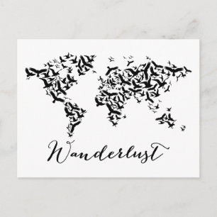 Cartão Postal Wanderlust, mapa mundial com aves voadoras