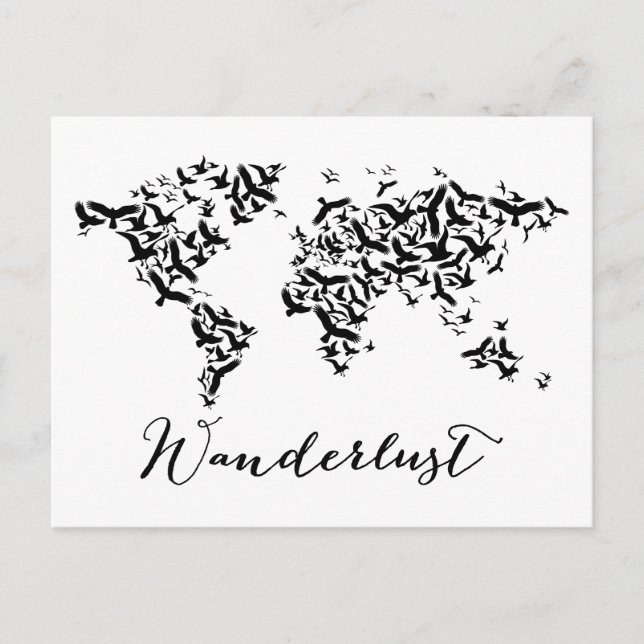 Cartão Postal Wanderlust, mapa mundial com aves voadoras (Frente)