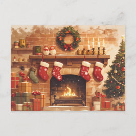Cartão Postal Warm Christmas Fireplace Scene