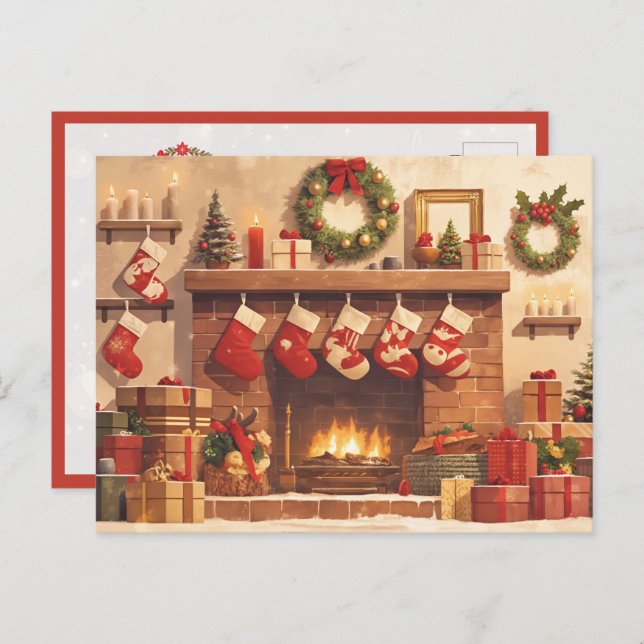 Cartão Postal Warm Christmas Fireplace Scene (Frente/Verso)