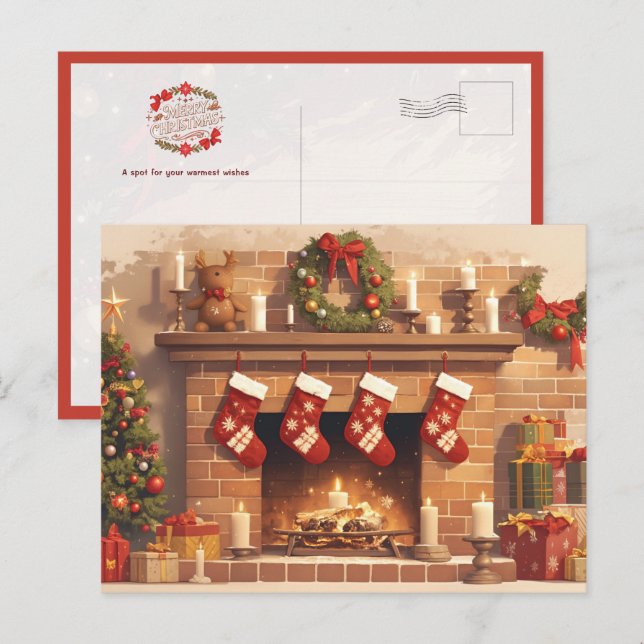Cartão Postal Warm Christmas Fireplace Scene (Frente/Verso)