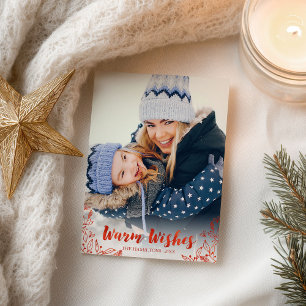 Cartão Postal Warm Wish Foliage Red Script Photo Christmas