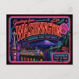 Cartão Postal Washington Neon Estado Retro Vintage