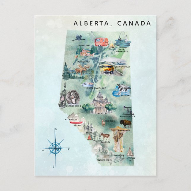 Cartão Postal Watercolor Alberta Canada Illustrated Map Art (Frente)