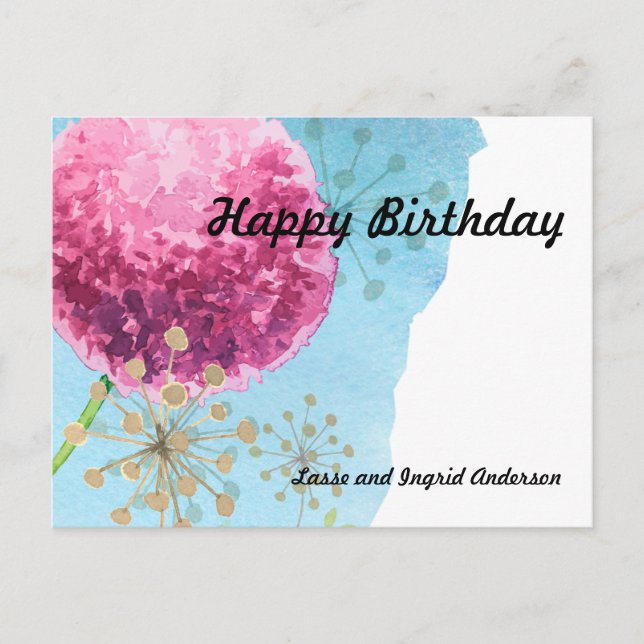 Cartão Postal Watercolor Allium floral, Azul, Púrpura, Dourado (Frente)