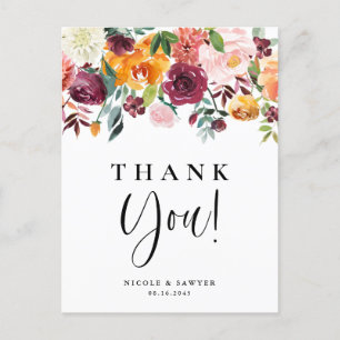 Cartão Postal Watercolor Autumn Blooms Floral Casamento Obrigado
